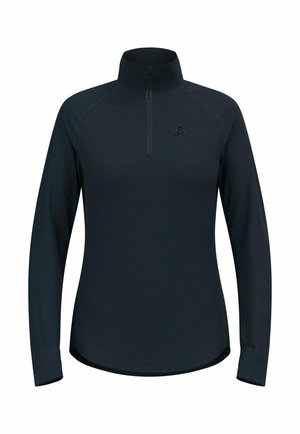 Dark navy long-sleeve pullover with a stand collar and a half-zip front. Features a snug fit and subtle logo on the chest. Smooth texture.