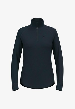 Dunkelblauer langärmeliger Pullover mit Stehkragen und halbem Reißverschluss vorn. Bietet eine enge Passform und dezentes Logo auf der Brust. Glatte Textur.