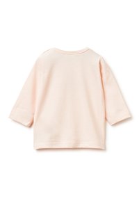 Svetle růžová dlouhá rukávová košile s kulatým výstřihem a šitými lemy. Jemný materiál, volný střih, bez viditelných vzorů nebo akcentů.