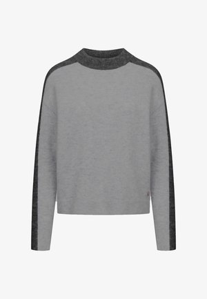 Grijze trui met lange mouwen en donkere grijze strepen langs de schouders en mouwen, geribbelde halslijn en zoom, zonder zichtbare patronen of logo's.