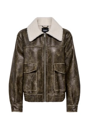 Veste bombardier en cuir marron avec grand col en laine blanche, fermeture éclair à l'avant et deux poches à rabat, taille et poignets élastiqués.