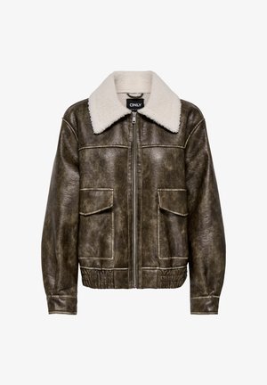 Smeđa kožna bomber jakna s velikim bijelim krznom ovratnikom, prednjim patentnim zatvaračem i dva džepa s poklopcima, elastičnom pasicom i manžetama.