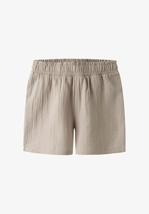 Pantalones cortos beige de algodón ligero con cintura elástica fruncida, ajuste holgado y tela texturizada.