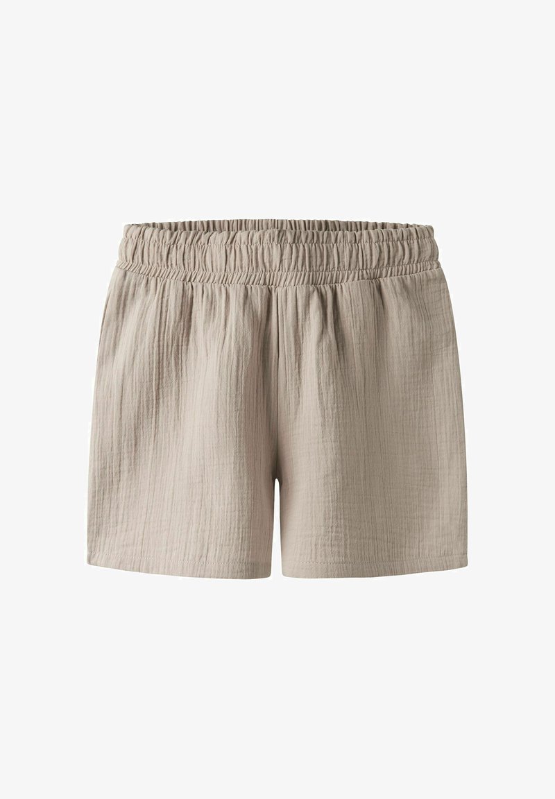 Shorts légers en coton beige avec ceinture élastique froncée, coupe ample et tissu texturé.