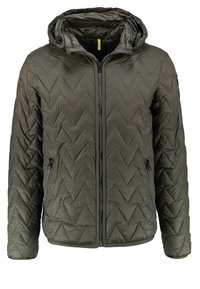 Olivově zelená prošívaná bunda se zigzagovým prošíváním, vpředu na zip, se zipovými kapsami a nastavitelnou kapucí se stahovacími šňůrkami.