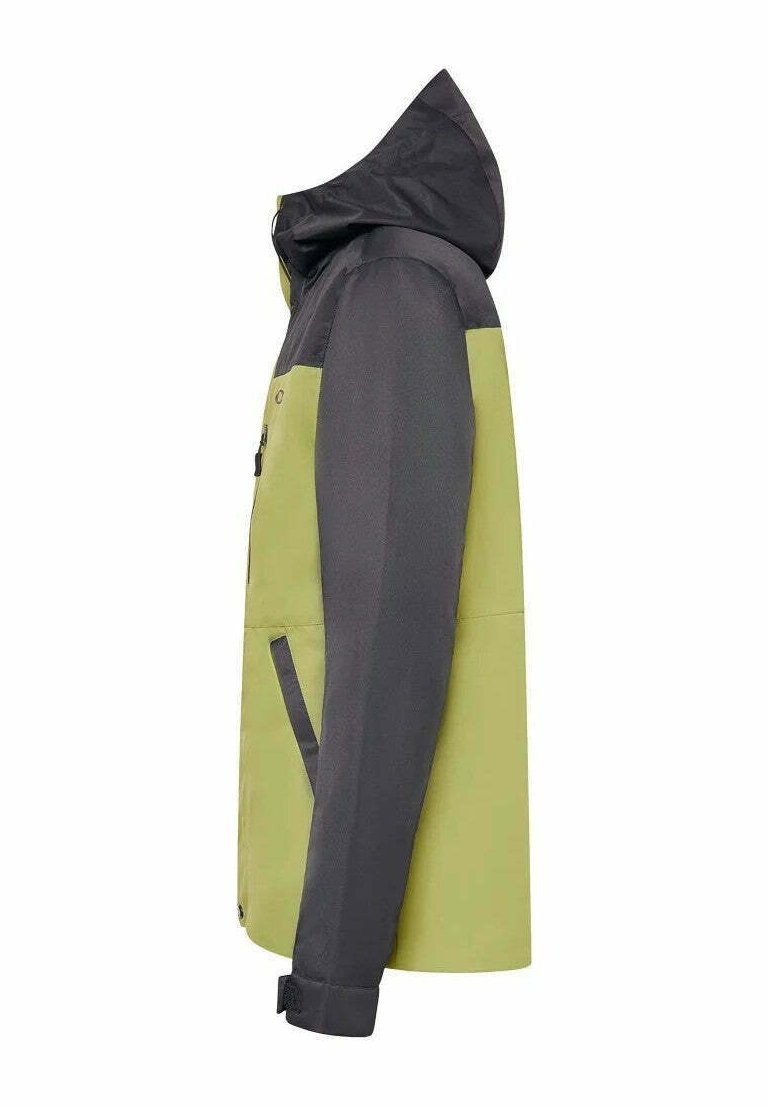 Veste imperméable avec capuche, avec une moitié supérieure noire et une moitié inférieure vert lime, fabriquée en tissu durable avec des poches latérales.