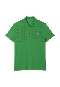 Polo verde realizzato in tessuto traspirante. Presenta un motivo geometrico nella parte superiore, due bottoni e un logo sul petto.