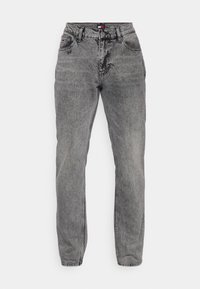 Šedé džíny z denimu se rovně střiženými nohavicemi, designem s pěti kapsami a jemně ošoupanou texturou. Obsahují zapínání na knoflík a zip.