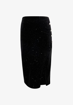 Fustă neagră din catifea cu un model stele, având o fanta pe lateral și patru nasturi decorativi la talie. Textură netedă.