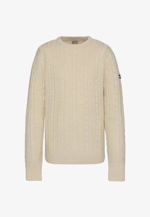 Pull en maille torsadée crème avec un col rond, des poignets et un ourlet côtelés, et une étiquette logo sur la manche gauche.