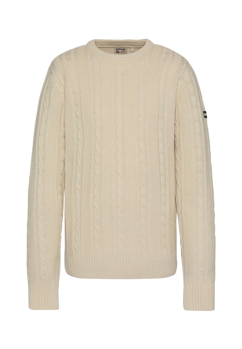 Kremowy sweter z warkoczowym splotem, z okrągłym dekoltem, prążkowanymi mankietami i ściągaczem oraz metką z logo na lewym rękawie.