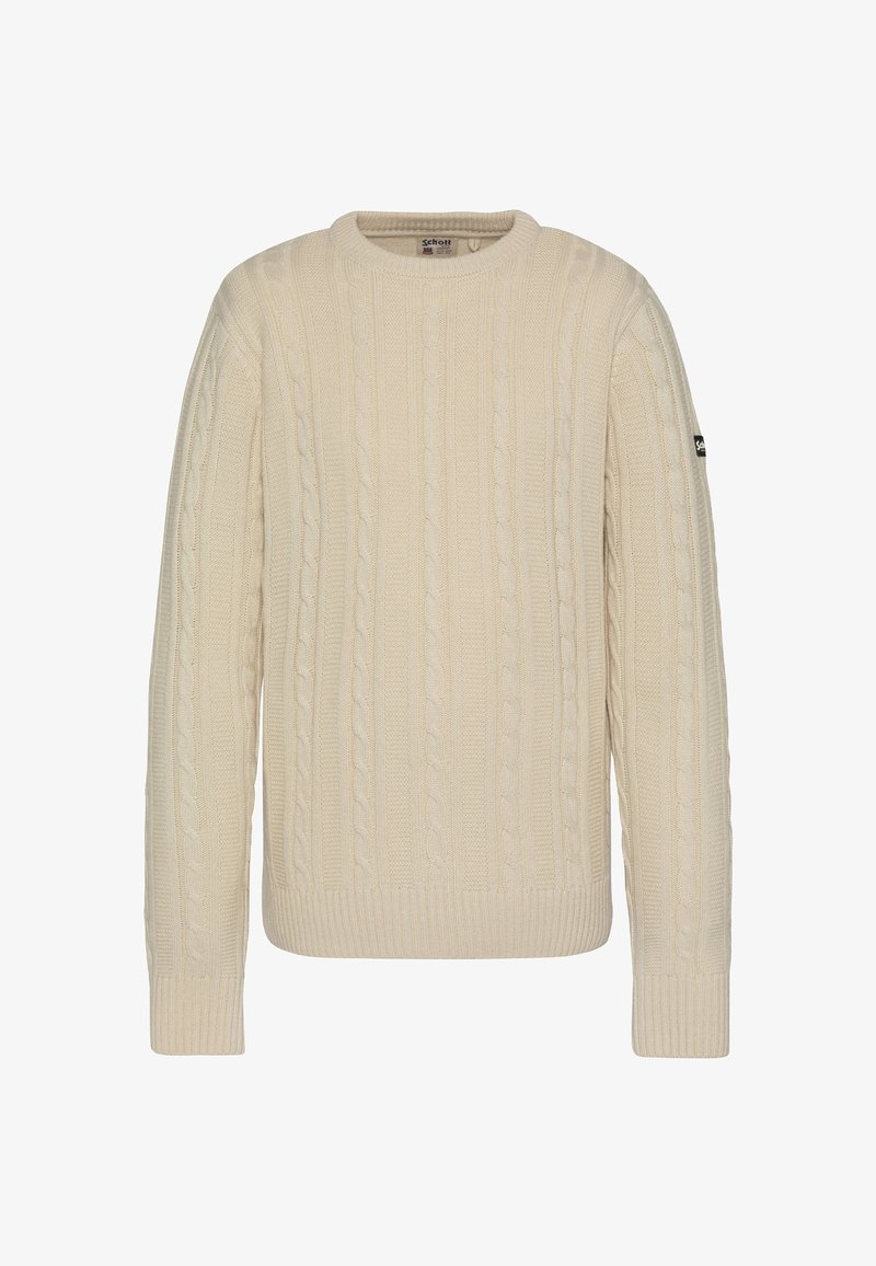 Kremowy sweter z warkoczowym splotem, z okrągłym dekoltem, prążkowanymi mankietami i ściągaczem oraz metką z logo na lewym rękawie.