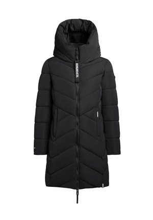 Black puffer coat with a high collar, chevron quilt pattern, front zipper, side pockets, and logo detail. Smooth texture and mid-length design.