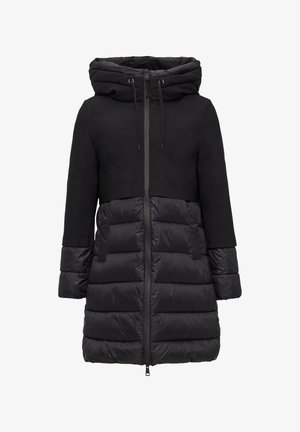 Black puffer coat with a dual-textured design; features a smooth upper body and quilted lower section; includes a hood and a front zipper.
