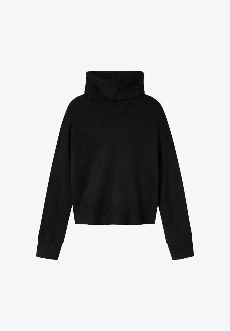 Zwarte coltrui, cropped ontwerp, gemaakt van zacht materiaal, met lange mouwen en geribbelde details bij de kraag en manchetten.