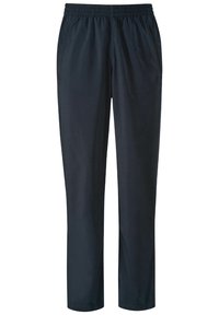 Granatowe, lekkie spodnie z elastycznym paskiem w talii, kieszeniami bocznymi i prostym krojem nogawki. Wykonane z miękkiego, oddychającego materiału.