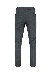 Szare w kratkę spodnie o slim fit. Posiadają dwie tylne kieszenie i gładką teksturę. Zaprojektowane z delikatnym wzorem w kratę.