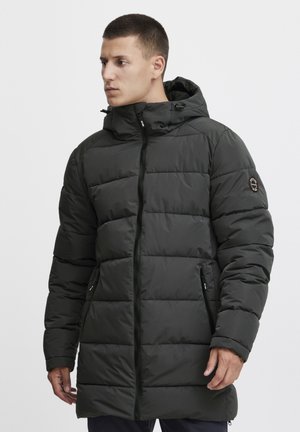 Dark green puffer jacket with a hood, featuring a zip closure, side pockets, and a quilted design. Smooth texture with a subtle sheen.