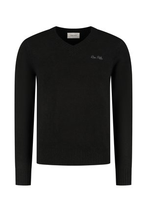 Zwarte V-hals trui met lange mouwen en geribbelde manchetten en zoom, met kleine geborduurde "Pure Path" tekst op de linkerborst.