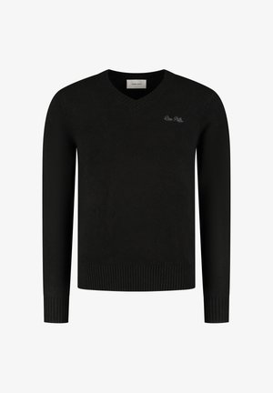 Zwarte V-hals trui met lange mouwen en geribbelde manchetten en zoom, met kleine geborduurde "Pure Path" tekst op de linkerborst.