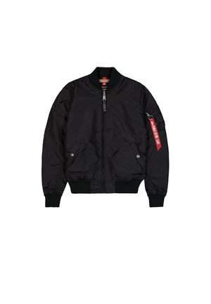 Juoda bombų stiliaus striukė su banguotu apykakle ir rankogaliais, turinti du priekinės kišenes ir užtrauktuką su raudonu žymekliu ant rankovės. Lygi tekstūra.