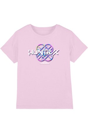 Hellrosa kurzärmliges Hemd mit farbenfrohem abstraktem Herz-Design und großem weißem "HUNTRX"-Schriftzug, mittig auf der Vorderseite.