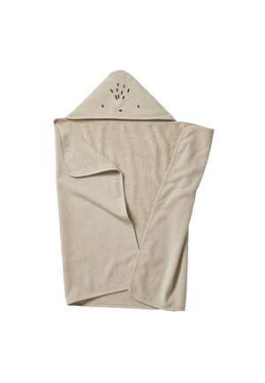 Beige hooded baby towel with simple black stitched animal face design on the hood, soft textured fabric, partially folded sides.