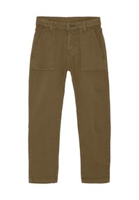 Bruine katoenen chinos met een rechte snit, voorzien van twee voorzakken en een knoopsluiting. De stof heeft een gladde textuur.