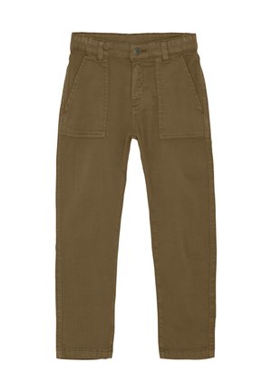Bruine katoenen chinos met een rechte snit, voorzien van twee voorzakken en een knoopsluiting. De stof heeft een gladde textuur.