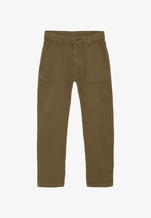 Bruine katoenen chinos met een rechte snit, voorzien van twee voorzakken en een knoopsluiting. De stof heeft een gladde textuur.