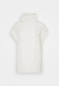 Bílý pletený svetr ve stylu ponča s vysokým žebrovaným límcem, s texturovanými kabelovými vzory a krátkými rukávy. Měkká a útulná tkanina.