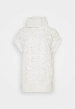 Weißer, gestrickter Poncho-Sweater mit hohem Rippenkragen, der mit strukturierten Zopfmuster und kurzen Ärmeln versehen ist. Weicher und gemütlicher Stoff.