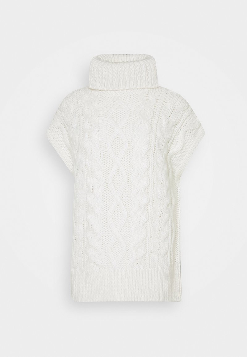 Bílý pletený svetr ve stylu ponča s vysokým žebrovaným límcem, s texturovanými kabelovými vzory a krátkými rukávy. Měkká a útulná tkanina.