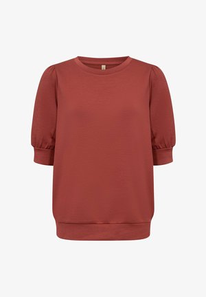 Rustfarvet kortærmet top med rund halsudskæring, plisserede skuldre og en afslappet pasform. Blødt stof med en glat tekstur.
