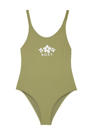 Oliwkowo-zielony jednoczęściowy kostium kąpielowy z cienkimi ramiączkami i białym kwiatowym logo nad napisem "ROXY" na środku klatki piersiowej.