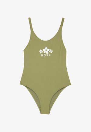 Oliwkowo-zielony jednoczęściowy kostium kąpielowy z cienkimi ramiączkami i białym kwiatowym logo nad napisem "ROXY" na środku klatki piersiowej.