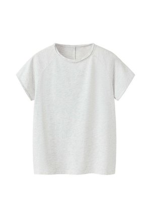 Kortærmet, lysegrå T-shirt med rund hals, løs pasform og raglanærmer på en hvid baggrund.