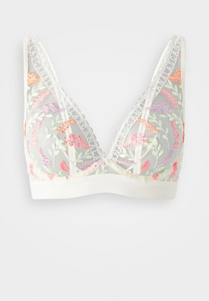 Bralette in pizzo ricamato in tessuto trasparente, con forma a triangolo, motivi floreali pastello e una fascia liscia e uniforme sul fondo.