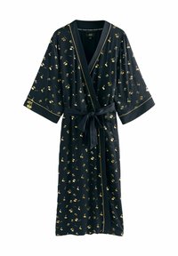 Robe nera con motivo dorato di ciliegie e foglie, caratterizzata da maniche larghe, vita con legatura e bordo in contrasto lungo i bordi. Tessuto leggero.