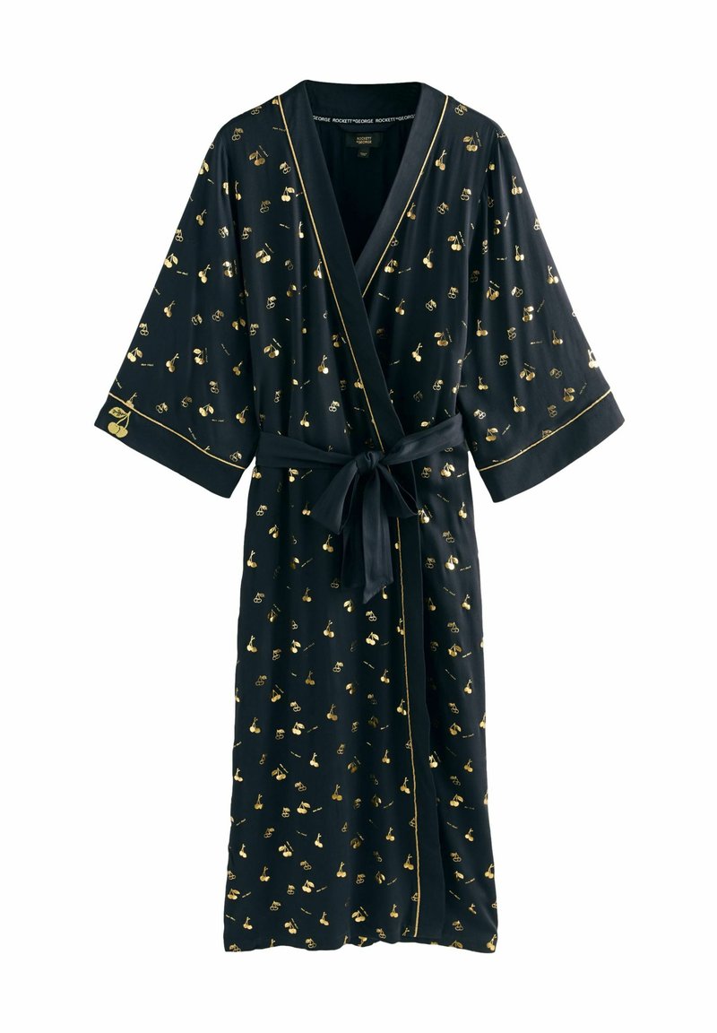 Robe nera con motivo dorato di ciliegie e foglie, caratterizzata da maniche larghe, vita con legatura e bordo in contrasto lungo i bordi. Tessuto leggero.