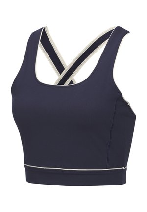 Mornarska športna modrček s krožnim izrezom in prečnimi naramnicami. Ima kontrastno svetlo obrobo vzdolž robov. Narejen iz raztegljivega materiala.