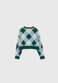 Green and blue argyle-patterned cropped sweater with a round neckline and ribbed cuffs, made of a soft, textured knit material.