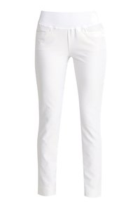 Vita tights med hög elastisk midja, sidofickor, slät textur och rak ben design. Inga synliga mönster eller detaljer.