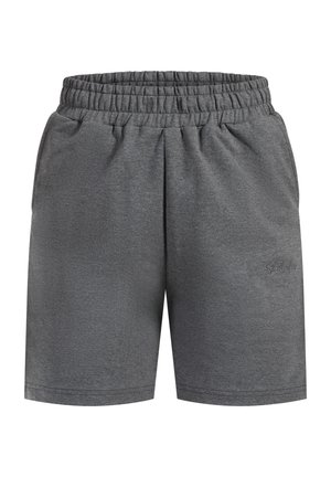 Graue Sportshorts aus weichem Material, mit elastischem Bund, Seitentaschen und einer dezenten Logo-Stickerei nahe dem Saum.