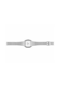 Montre-bracelet en métal argenté avec un cadran carré, un cadran blanc et des index horaires géométriques, posée à plat avec le fermoir ouvert sur un fond blanc.