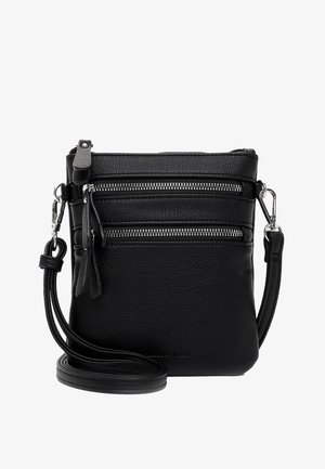 Borsa a tracolla in pelle nera con tre tasche con zip, texture liscia, tracolla regolabile e dettagli in hardware argentato. Design compatto e pratico.