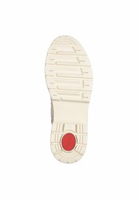Semelle en caoutchouc avec une surface blanche texturée, dotée de profondes rainures pour une meilleure adhérence et d'un accent circulaire rouge au centre. Taille 37.
