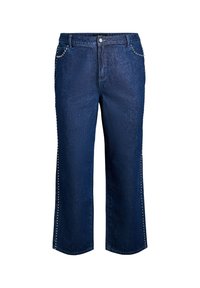 Temno modri jeans s širokimi nogavicami, ki se ponašajo z stranskimi kovinskimi detalji in klasičnim dizajnom s petimi žepi ter gumbom za zapiranje na pasu.