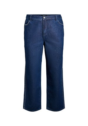 Dark blue denim wide-leg jeans featuring side studded detailing and a classic five-pocket design, with a button closure at the waist.