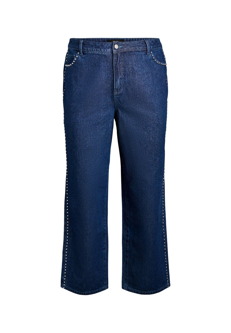 Temno modri jeans s širokimi nogavicami, ki se ponašajo z stranskimi kovinskimi detalji in klasičnim dizajnom s petimi žepi ter gumbom za zapiranje na pasu.